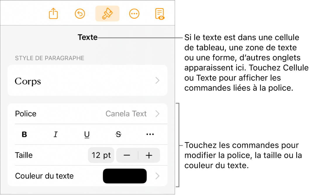 Commandes de texte du menu de format permettant de définir les styles, la police, la taille et la couleur des paragraphes et des caractères.
