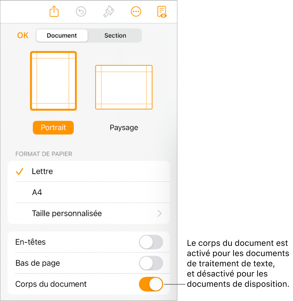 Les commandes Format du document et Corps du document activées vers le bas de l’écran.