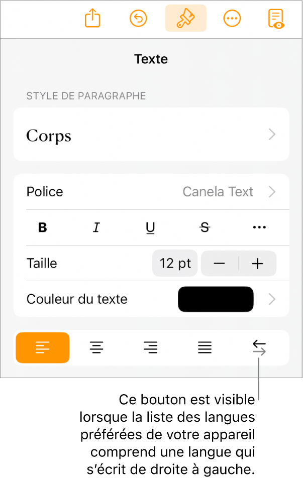 Commandes de texte du menu Format avec le bouton De droite à gauche accompagné d’une légende.