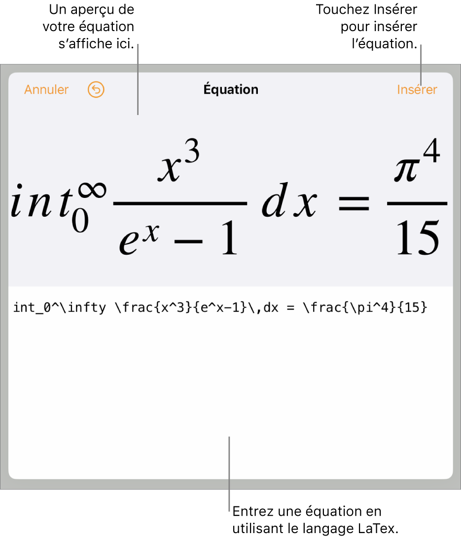 Zone de dialogue Équation, affichant une équation composée à l’aide des commandes LaTex et aperçu de la formule au-dessus.