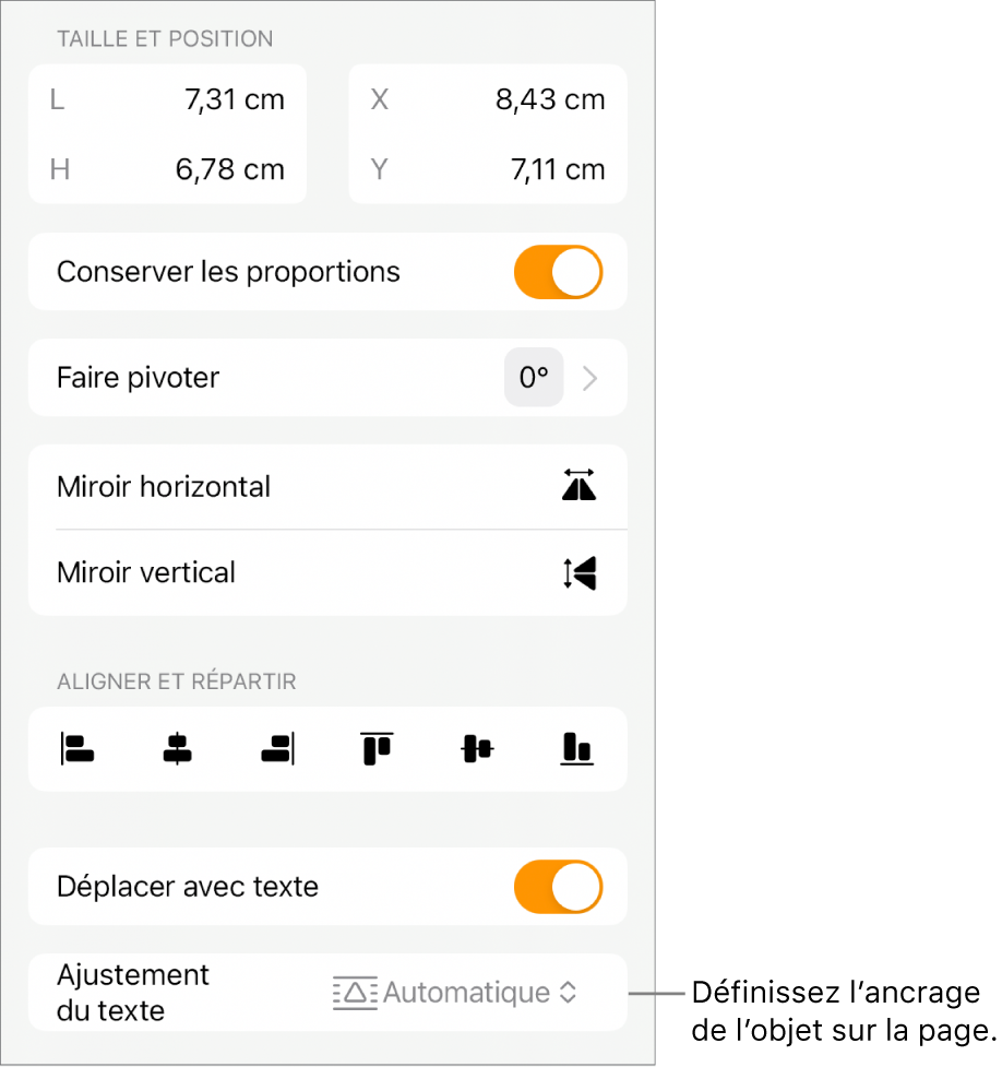 Les commandes Format avec l’onglet Disposition sélectionné et les commandes « Déplacer vers l’arrière/avant », « Déplacer avec texte » et « Ajustement du texte ».