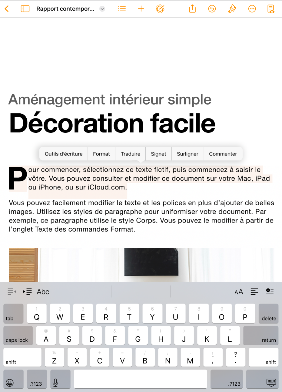 Document Pages ouvert avec texte fictif sélectionné.