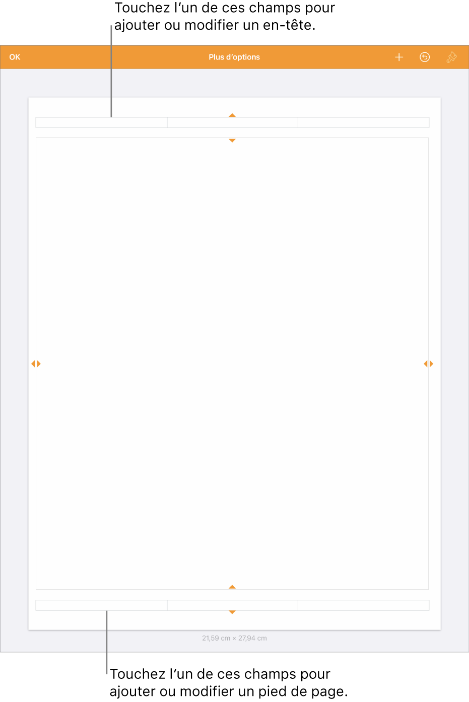 Présentation Plus d’options avec trois champs en haut du document pour les en-têtes et trois champs en bas pour les bas de page.