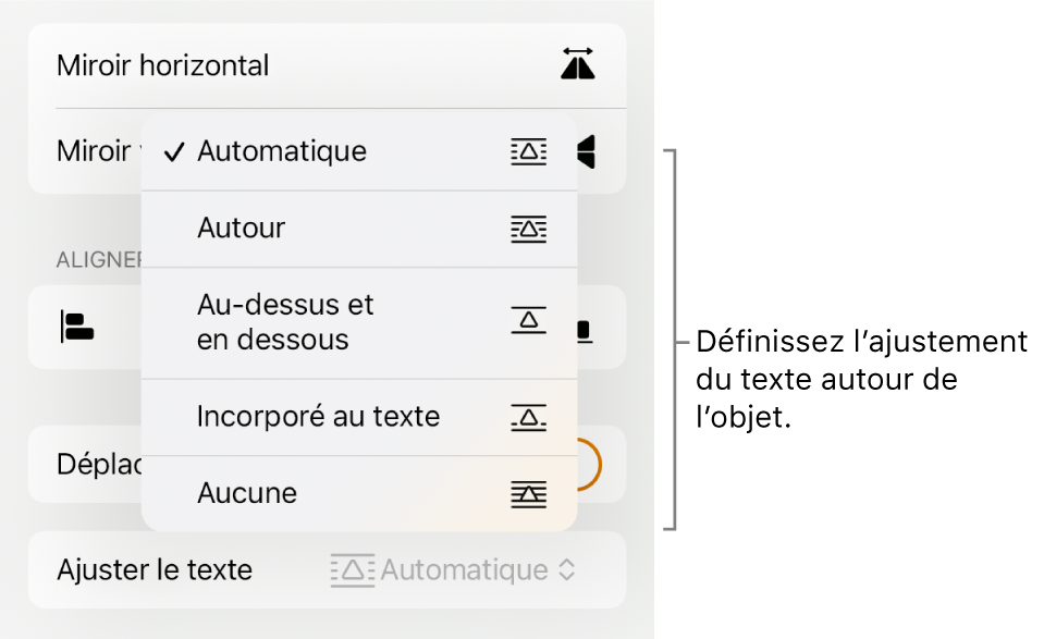 Les commandes Format avec l’onglet Disposition sélectionné. En dessous se trouvent les commandes « Ajustement du texte » avec les options « Déplacer vers l’arrière/avant », « Déplacer avec texte » et « Ajustement du texte ».