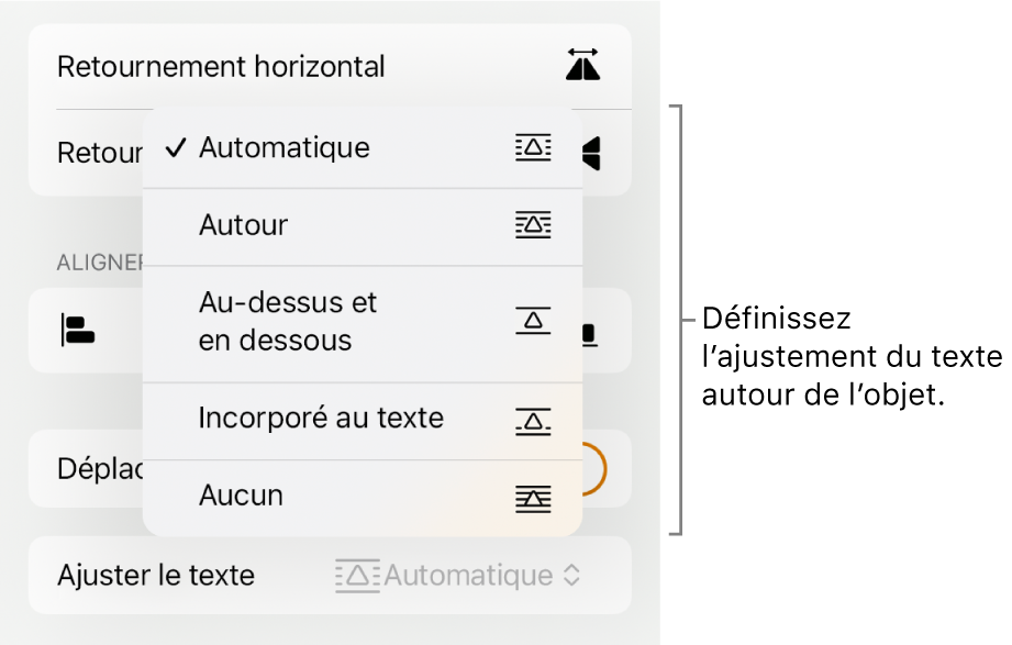 Les commandes Format avec l’onglet Disposition sélectionné. Les commandes « Ajuster le texte » avec les options « Placer derrière/devant », « Déplacer avec texte » et « Ajuster le texte » se trouvent en dessous.