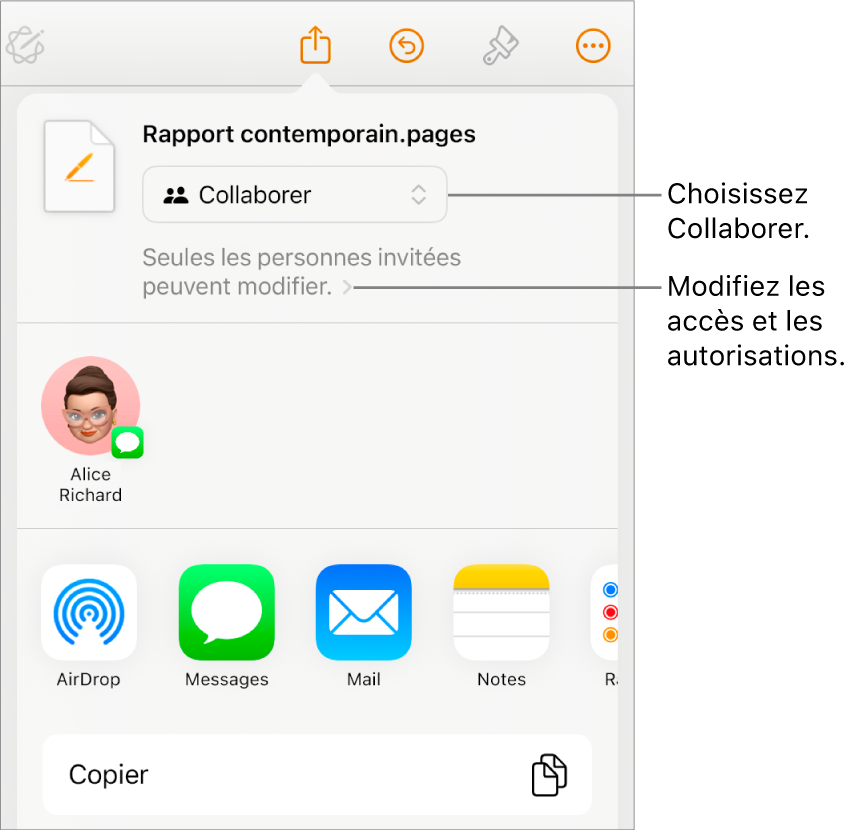 Le menu Partager avec l’option Collaborer sélectionnée en haut, et des réglages d’accès et d’autorisation en dessous.