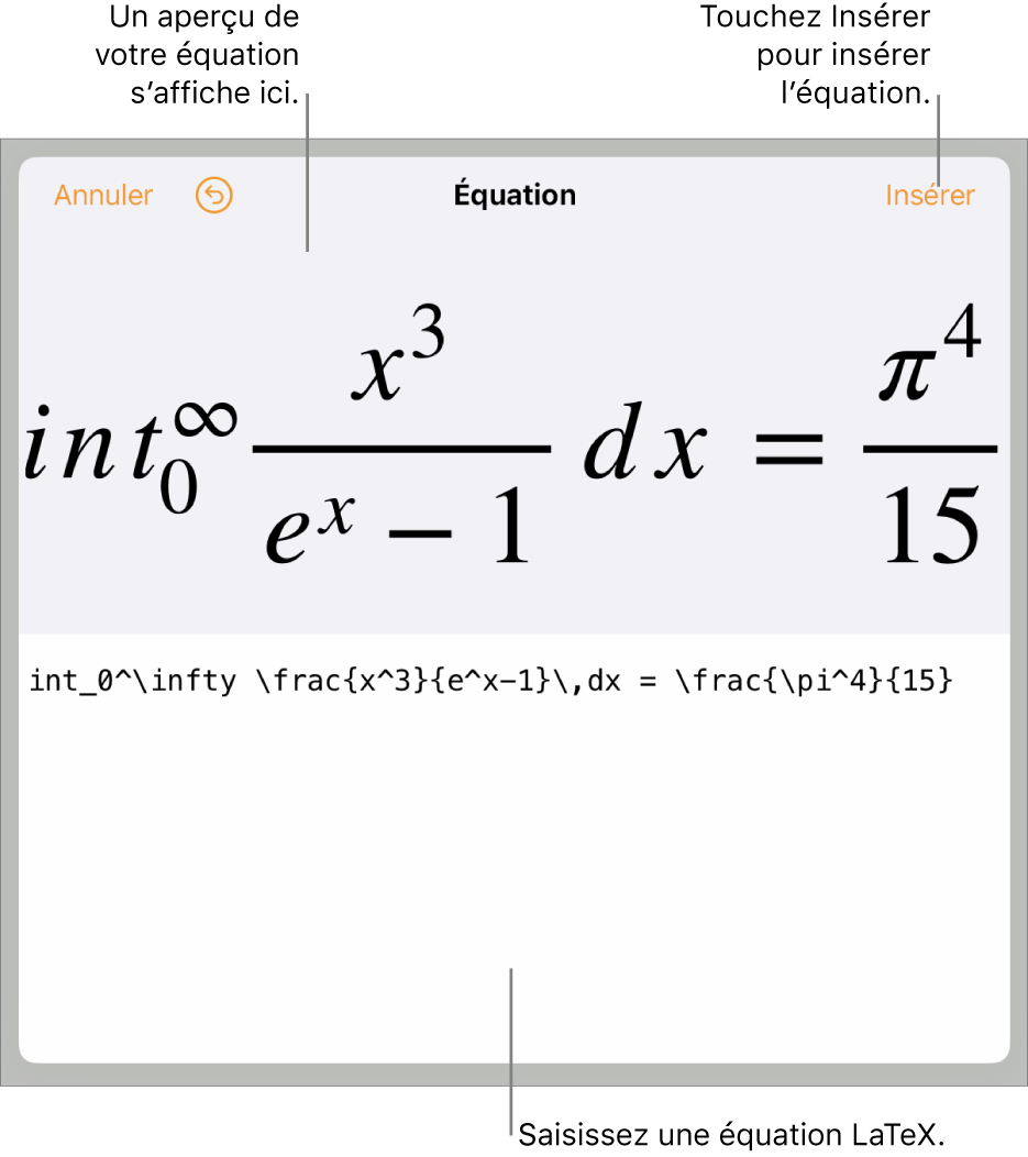 Zone de dialogue Équation, affichant une équation composée à l’aide des commandes LaTeX, et un aperçu de la formule au-dessus.