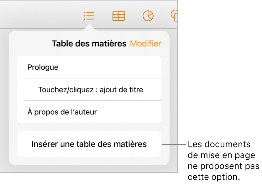 La présentation de la table des matières avec l’option Modifier dans le coin supérieur droit, les entrées de la table des matières et le bouton « Insérer une table des matières » en bas.