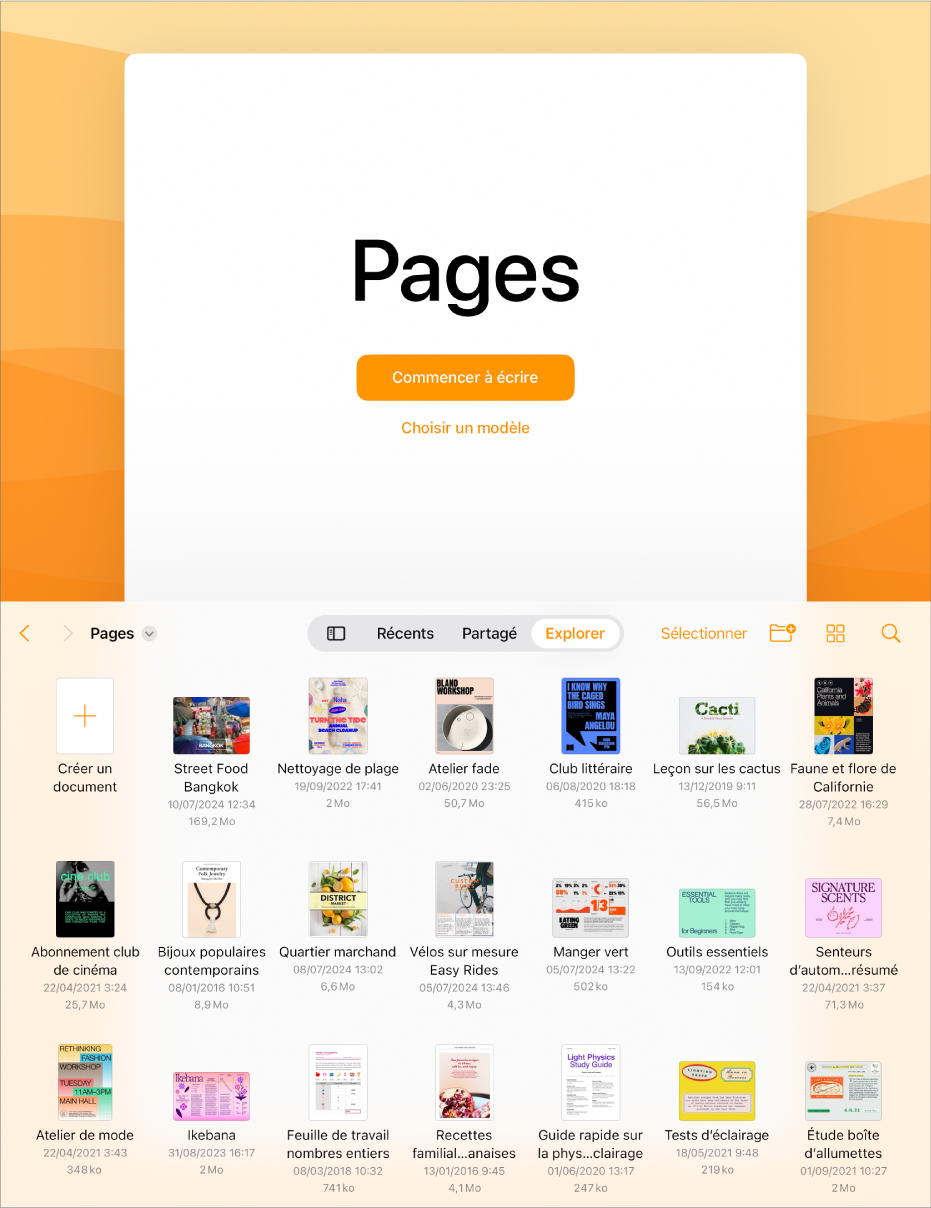 Le gestionnaire de documents de Pages avec des boutons permettant de commencer à écrire ou de choisir un modèle en haut de l’écran et des commandes pour ouvrir des documents enregistrés en bas.