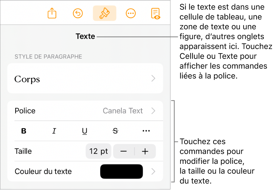 Commandes de texte du menu Format permettant de définir les styles, la police, la taille et la couleur des paragraphes et des caractères.