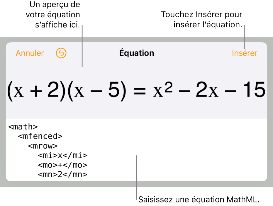 Zone de dialogue Équation, affichant une équation composée à l’aide des commandes MathML, et un aperçu de la formule au-dessus.