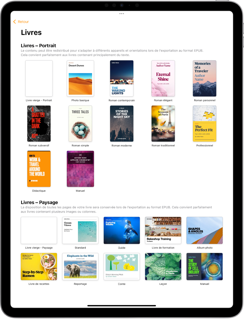 La liste de modèles avec les modèles de livre en orientation portrait en haut et en orientation paysage en dessous.