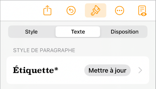 Style de paragraphe Corps avec un astérisque à côté de celui-ci et un bouton Mettre à jour situé à droite.