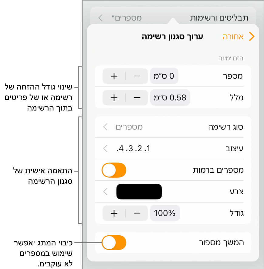 התפריט ״עריכת סגנון רשימה״ עם כלי בקרה לריווח הזחות, סוג ועיצוב של רשימה, מספרים ברמות, צבע וגודל הרשימה, ומספור מתמשך.