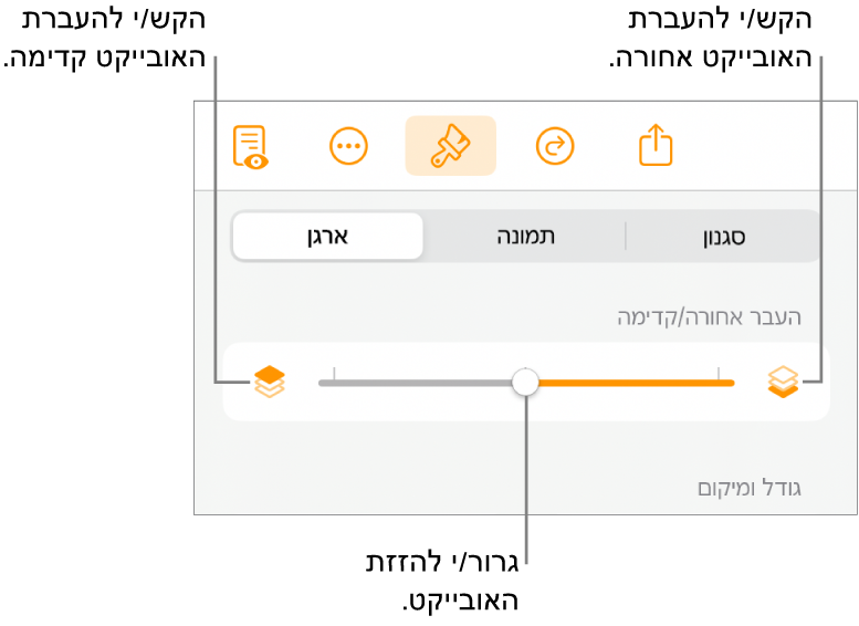 הכפתור ״העבר אחורה״, הכפתור ״העבר קדימה״ והמחוון של סידור בשכבות
