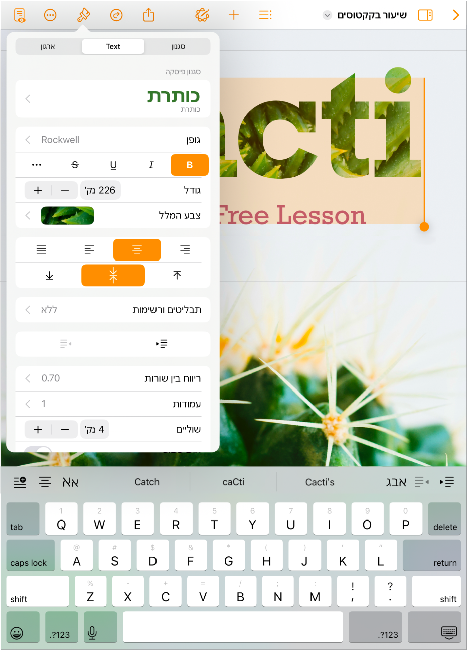 מסמך Pages פתוח שבו נבחר מלל ואפשרויות העיצוב פתוחות.