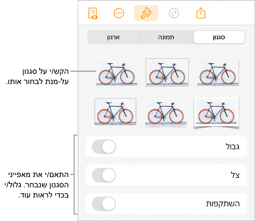 הכרטיסייה ״סגנון״ בתפריט ״עיצוב״ עם סגנונות אובייקטים בחלק העליון ומתחת להם כלי בקרה לשינוי הגבול, הצללית, ההשתקפות והאטימות.
