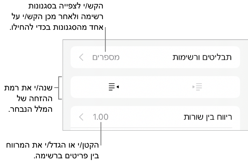 המקטע ״תבליטים ורשימות״ בכלי הבקרה של ״עיצוב״ עם הסברים ל״תבליטים ורשימות״, כפתורי הגדלת הזחה והקטנת הזחה ופקדי ריווח שורות.