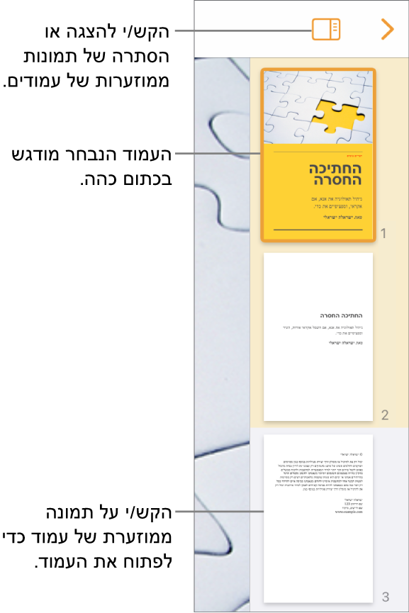 התצוגה ״תמונות ממוזערות של עמודים״ בצד שמאל של המסך עם מקטע בן שני עמודים, קו מפריד ואז עמוד אחד מהמקטע הבא. הכפתור ״תצוגה״ ממוקם מעל לתמונות הממוזערות.
