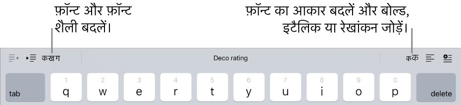 कीबोर्ड के ऊपर दिए गए टेक्स्ट फ़ॉर्मैटिंग बटन, इंडेंट के साथ बाएँ से शुरू होने वाले, फ़ॉन्ट, तीन प्रिडिक्टिव टेक्स्ट फ़ील्ड, फ़ॉन्ट आकार, अलाइनमेंट और डालें।