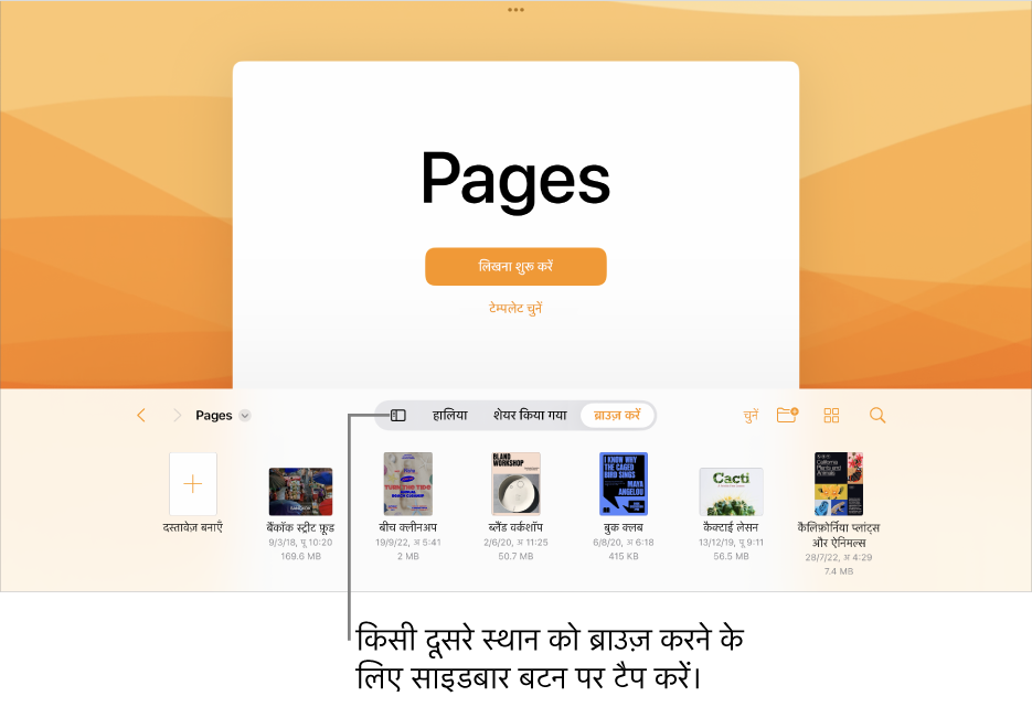 सबसे ऊपर बायें कोने में स्थान लिंक के साथ दस्तावेज़ प्रबंधक.का ब्राउज़ दृश्य और इसके नीचे खोज फ़ील्ड। शीर्ष-दाएँ कोने में “दस्तावेज़ जोड़ें” बटन, “नया फ़ोल्डर” बटन, सूची या आइकॉन दृश्य का उपयोग करने, और नाम, तिथि, आकार, प्रकार तथा टैग के आधार पर फ़िल्टर करने के लिए पॉप-अप मेनू और “चुनें” बटन हैं। इनके नीचे मौजूदा दस्तावेज़ों के थंबनेल हैं।