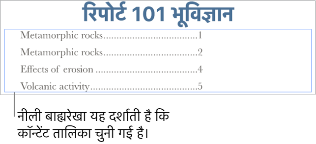 दस्तावेज़ में कॉन्टेंट टेबल को डाला गया। एंट्रीयाँ अपनी पृष्ठ संख्याओं के साथ हेडिंग दिखाती हैं।