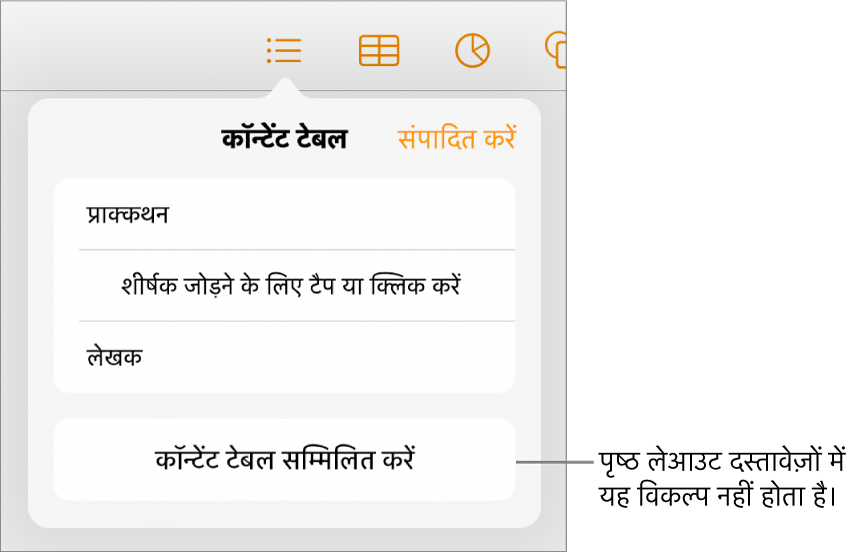 शीर्ष-बाएँ कोने में संपादन के साथ कॉन्टेंट टेबल दृश्य, TOC एंट्री और निचली ओर कॉन्टेंट टेबल डालें बटन।