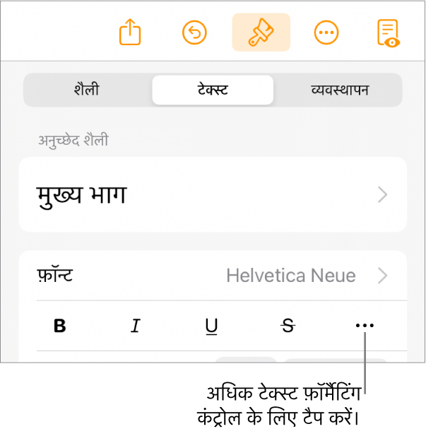फ़ॉर्मैट नियंत्रण का टेक्स्ट टैब कॉलआउट वाले अधिक टेक्स्ट विकल्प बटन के साथ।