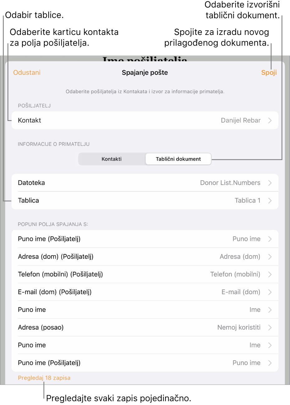 Otvoren je prozor spajanja pošte, s opcijama za odabir informacija o pošiljatelju, promjenu izvorišne datoteke ili tablice, pretpregled naziva polja spajanja ili pojedinačnih zapisa ili spajanje dokumenta.