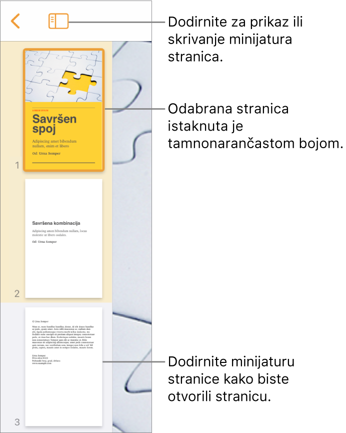 Prikaz minijature stranice s lijeve strane zaslona s dvostraničnim odjeljkom, linijom odvajača, zatim jedna stranica sljedećeg odjeljka. Tipka Prikaz nalazi se iznad minijatura.