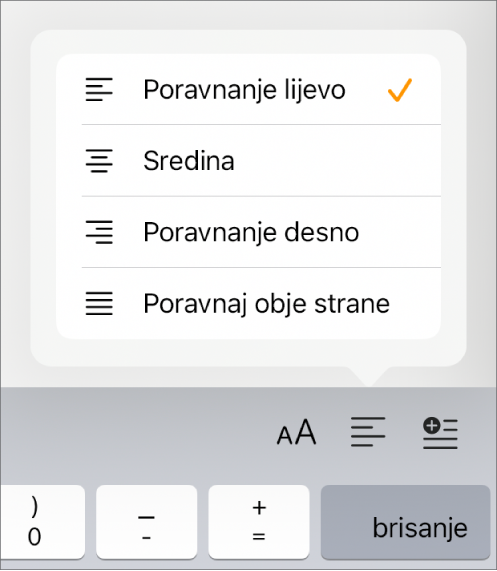 Traka za formatiranje s kontrolama za uvlačenje teksta i poravnanje paragrafa.