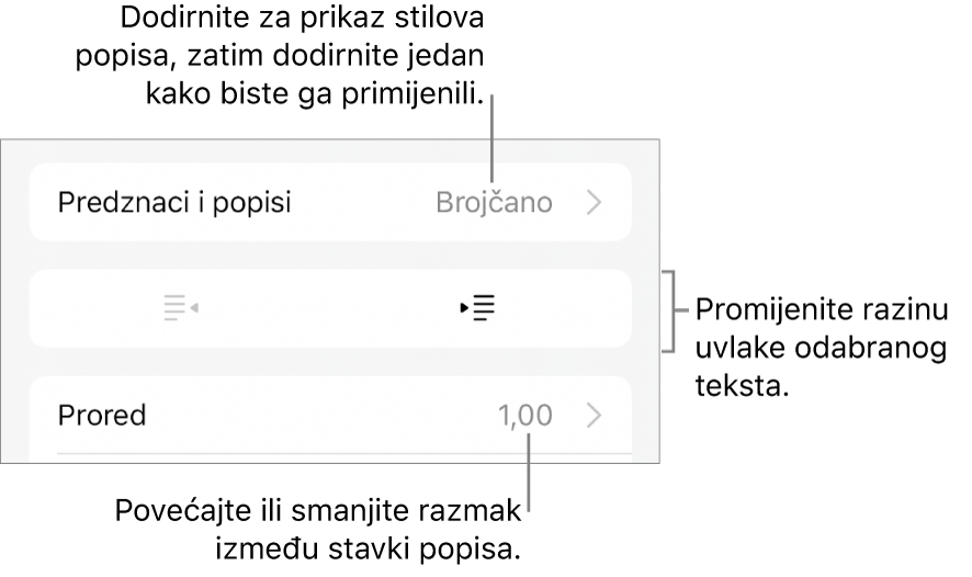 Odjeljak Predznaci i popisi kontrola formatiranja s oblačićima na Predznake i popise, tipke za izvlake i uvlake i kontrole razmaka između redaka.