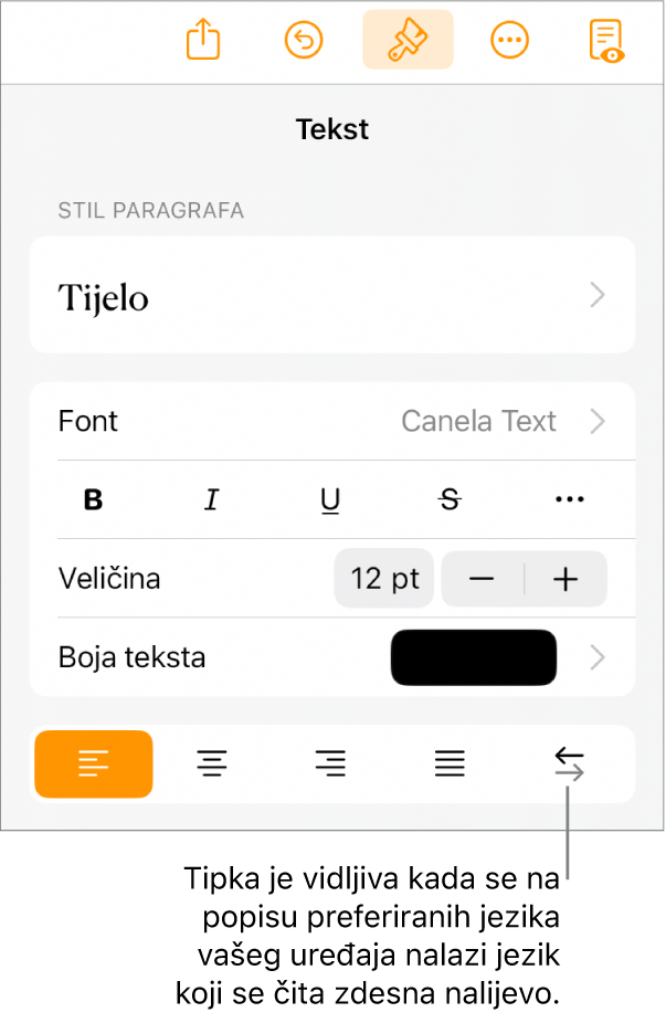 Kontrole teksta na izborniku Formatiraj s oblačićem koji pokazuje na tipku S desna na lijevo.