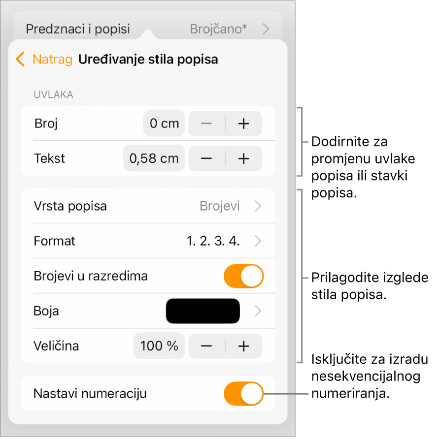 Uredite izbornik Stil popisa s kontrolama za uvučeni razmak, vrstu popisa i format, hijerarhiju brojeva, boju popisa i veličinu te nastavak numeriranja.