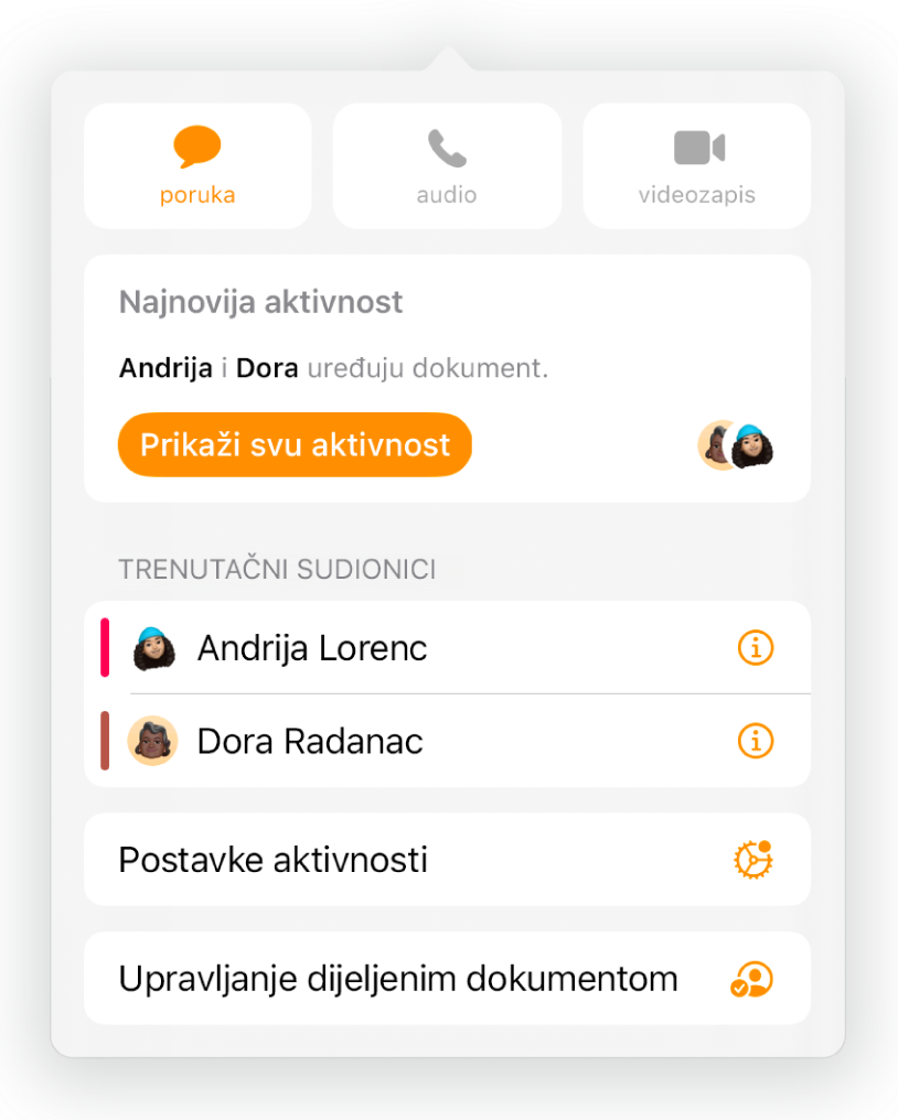 Izbornik suradnje prikazuje imena ljudi koji surađuju na dokumentu.