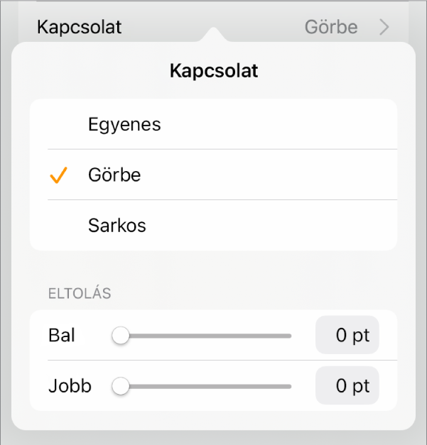 A Kapcsolatok vezérlők a kijelölt Görbe elemmel.