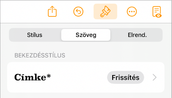 A Szövegtörzs bekezdésstílus egy csillag karakterrel, jobbra pedig a Frissítés gombbal.
