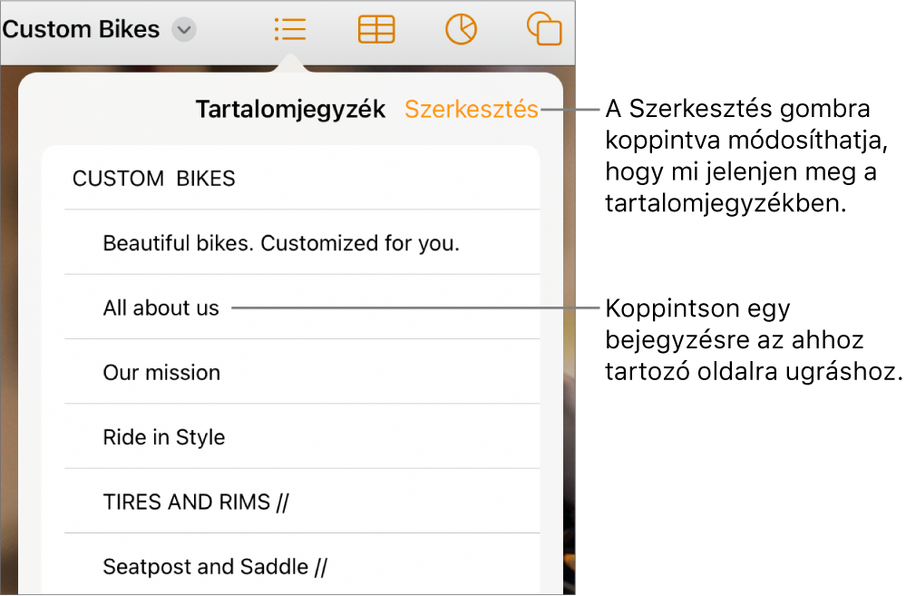 A tartalomjegyzék nézete a listába rendezett bejegyzésekkel. A Szerkesztés gomb a nézet jobb felső sarkában található.