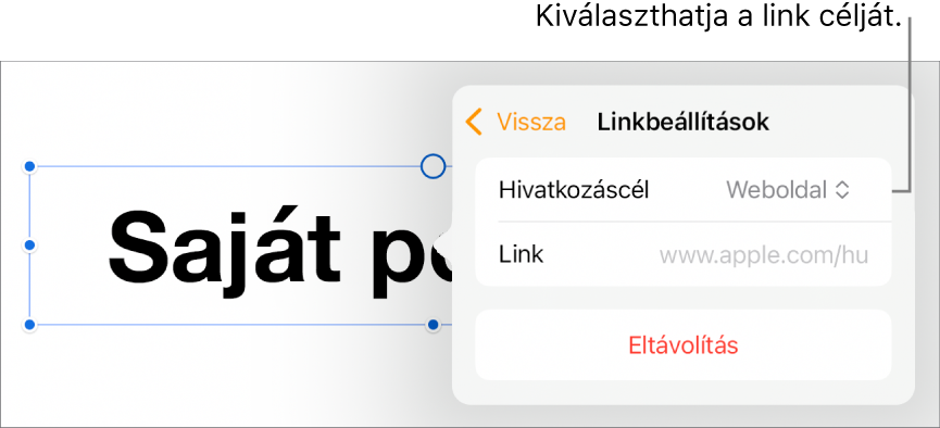 A Linkbeállítások vezérlői a kijelölt Weboldal elemmel, illetve az alul megjelenő Eltávolítás gombbal.