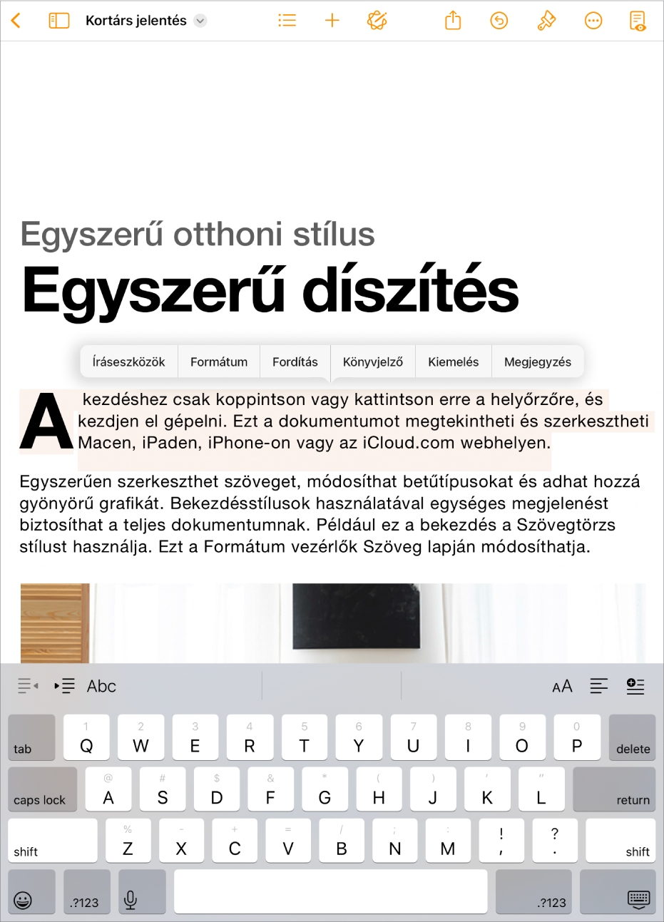 Egy megnyitott Pages-dokumentum kijelölt helyőrző szöveggel.