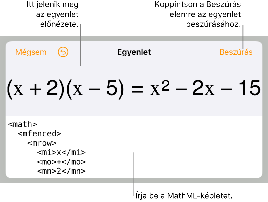 Az Egyenlet párbeszédpanel, amelyen egy, a MathML-parancsok használatával írt egyenlet, felül pedig az egyenlet előnézete látható.
