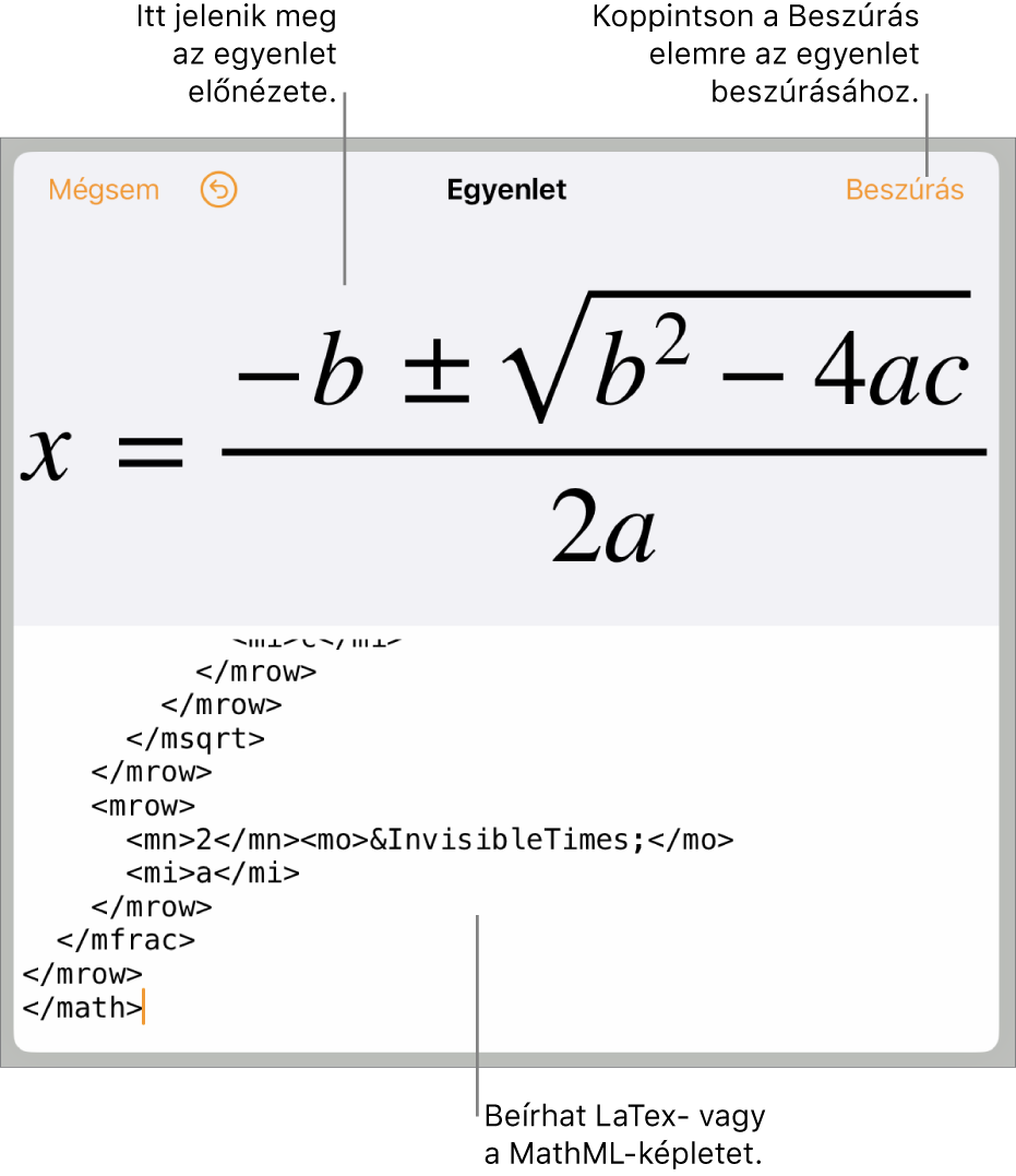 Az Egyenlet párbeszédpanel, amelyen egy, a MathML-parancsok használatával írt egyenlet, felül pedig az egyenlet előnézete látható.