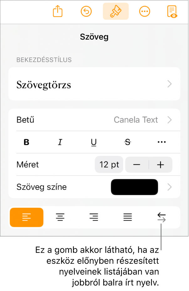 A Formátum menü szövegvezérlői a Jobb vagy a Bal gombra mutató ábrafeliratokkal.