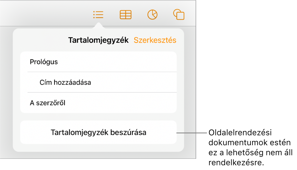 A tartalomjegyzék nézete a jobb felső sarokban a Szerkesztés gombbal, tartalomjegyzék-bejegyzésekkel és alul a Tartalomjegyzék beszúrása gombbal.