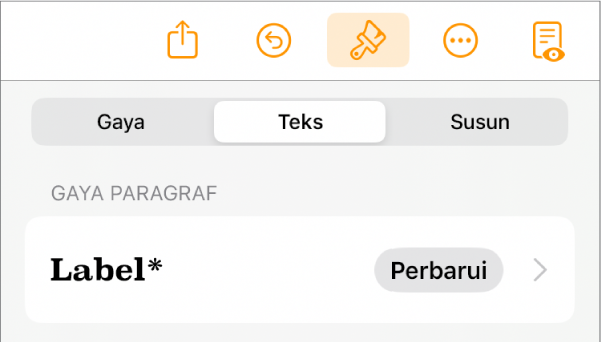 Gaya Badan paragraf dengan asterisk di sampingnya dan tombol Perbarui di sebelah kanan.