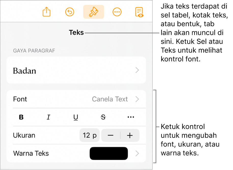 Kontrol teks di menu Format untuk mengatur paragraf dan gaya karakter, font, ukuran, dan warna.