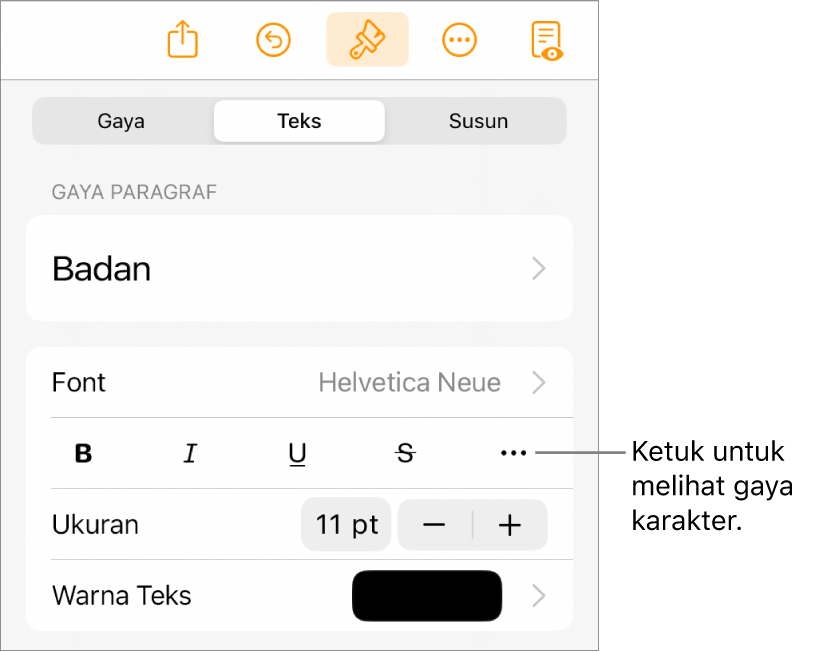 Kontrol Format dengan gaya paragraf di bagian atas, lalu kontrol Font. Di bawah Font terdapat tombol Tebal, Garis Bawah, Coret, dan Pilihan Teks Lainnya.