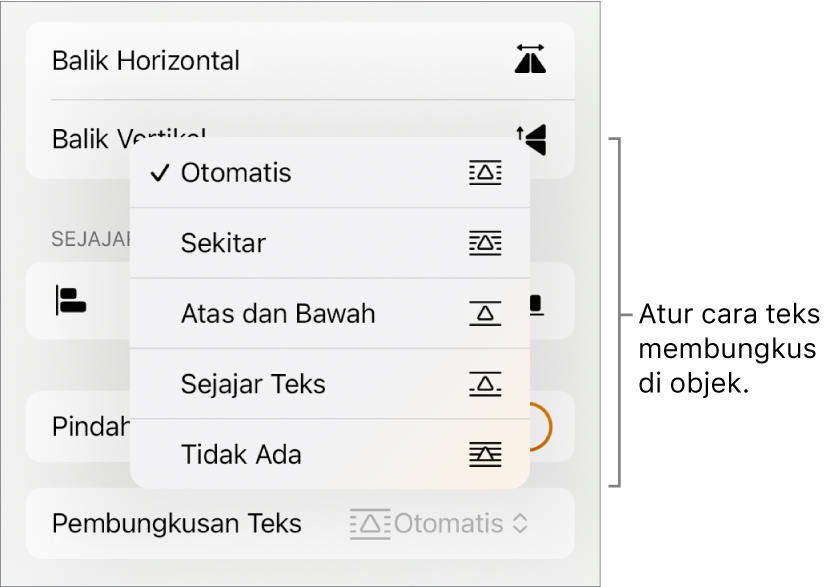 Kontrol Format dengan tab Susun dipilih. Di bawahnya terdapat kontrol Pembungkusan Teks dengan Pindahkan ke Belakang/Depan, Pindahkan dengan Teks, dan Pembungkusan Teks.