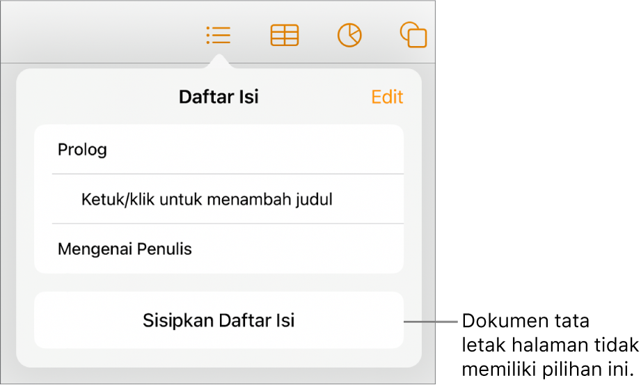 Tampilan daftar isi dengan Edit di pojok kanan atas, entri TOC, dan tombol Sisipkan Daftar Isi di bagian bawah.