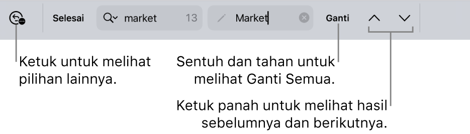 Kontrol Temukan & Ganti di atas papan ketik dengan keterangan pada tombol Pilihan Cari, Ganti, Ke Atas, dan Ke Bawah